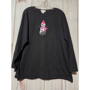 Casey Coleman Black Long Sleeve Beaded Snowman Applique‎ Tunic Top 1X